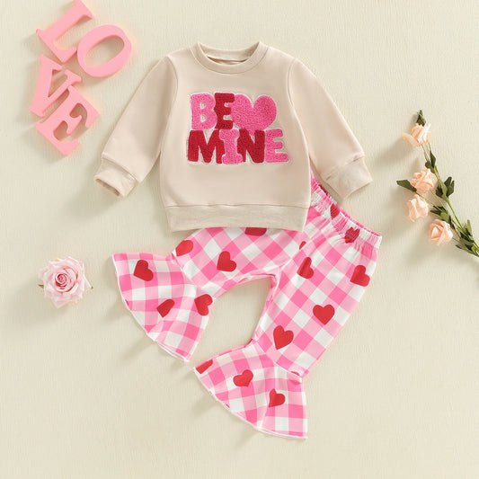 Cute Toddler Girl Valentine s Day Clothes Heart Embroidery Top Plaid Bell Bottoms 2 Piece Set for a Stylish Look