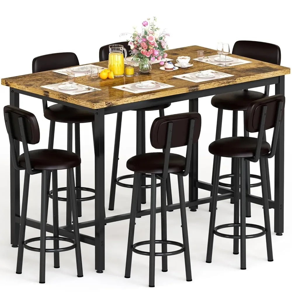 50" Dining Table Set for 6, 7-Piece Counter Height Bar Table Set with Upholstered Stools, Space-Saving Modern Pub Set