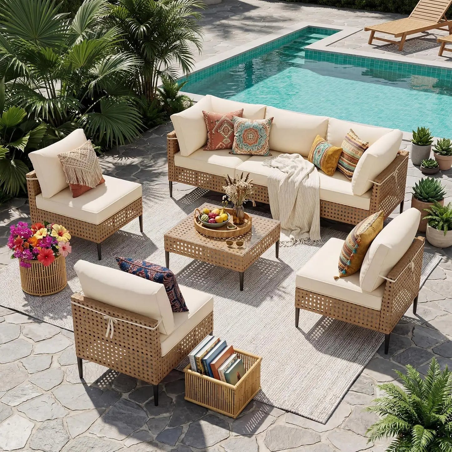 Wicker Patio Furniture Set, 7-Piece Modular Outdoor Furniture Set, High-Leg Design Sectional Patio Sofa with Glass, Customized