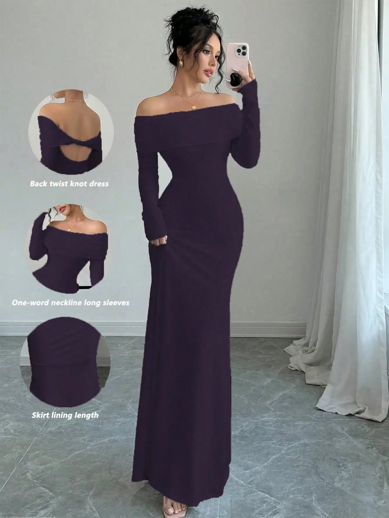 White Off-Shoulder Long Sleeve Maxi Dress with Back Twist Knot, Fitted Silhouette for Evening Events