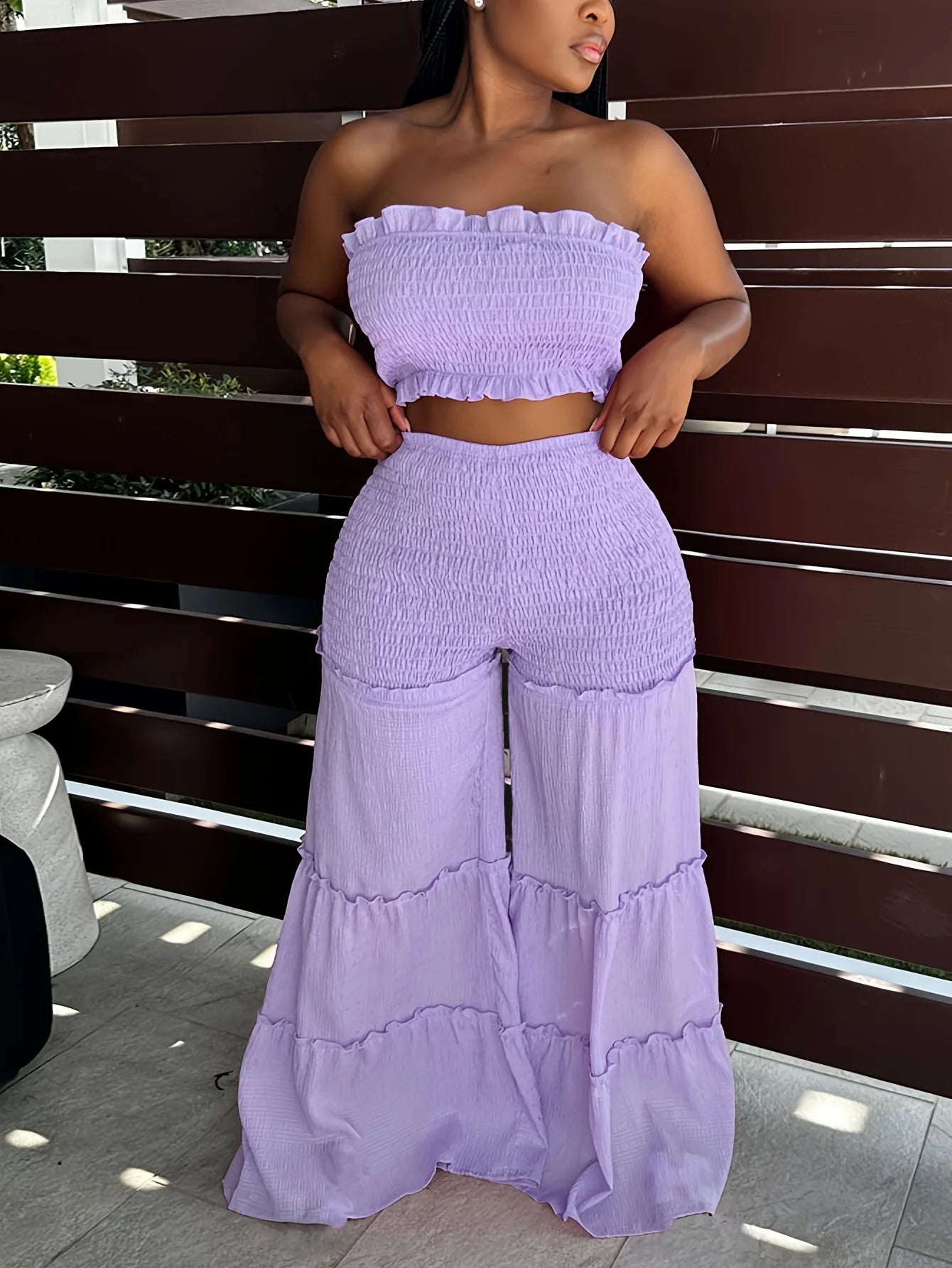 Women 2 Piece Set Strapless Smocked Tube Top Wide Leg Pants Ruffle Tiered Summer Beach Vacation Boho Outfit
