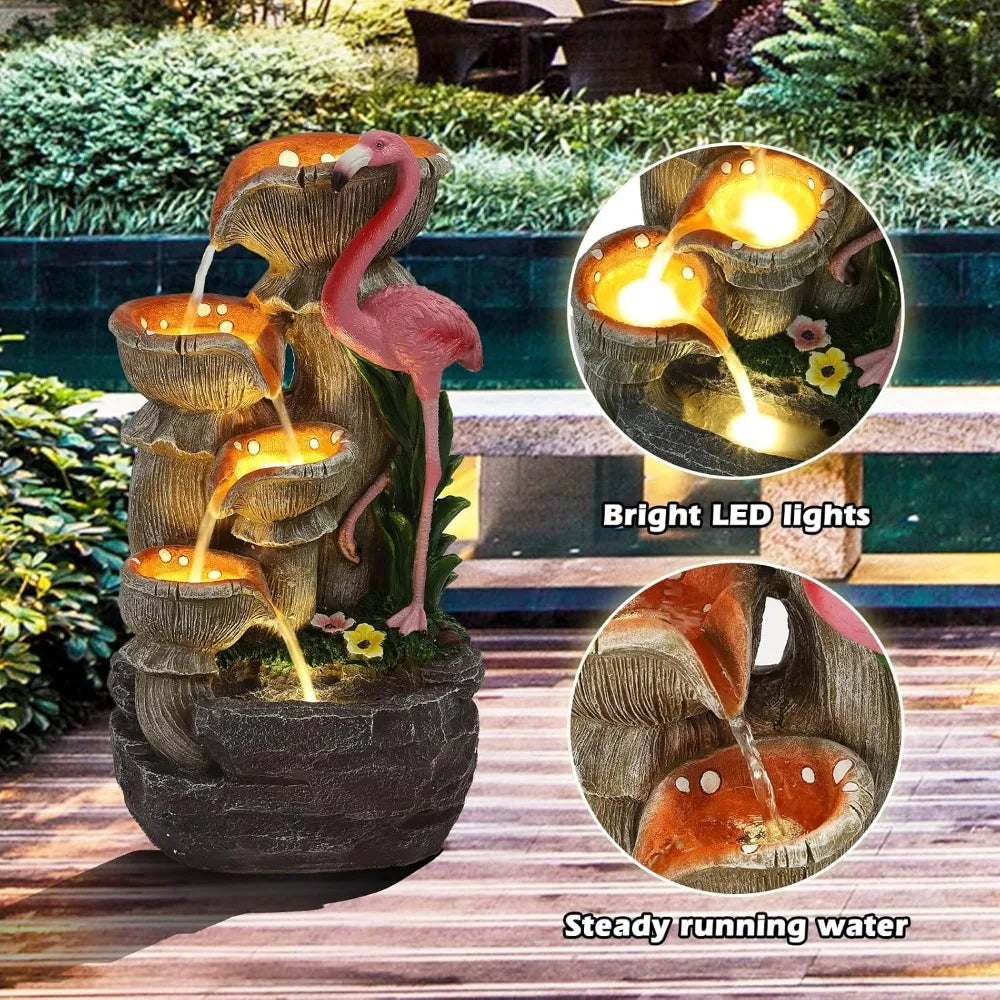 5 Tier Outdoor Indoor Water Feature Fountain, Flamingo Ornamental Cascading Waterfall with 5 LED Lights for Garden, Deck, Backya