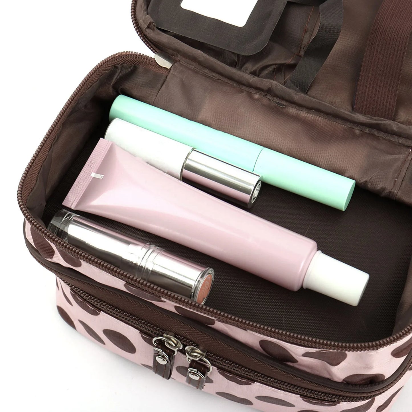 Women'S Travel Cosmetic Makeup Bag Organizer Double Layer Dot Pattern Toiletry Bag Case Pouch With Mirror For Woman