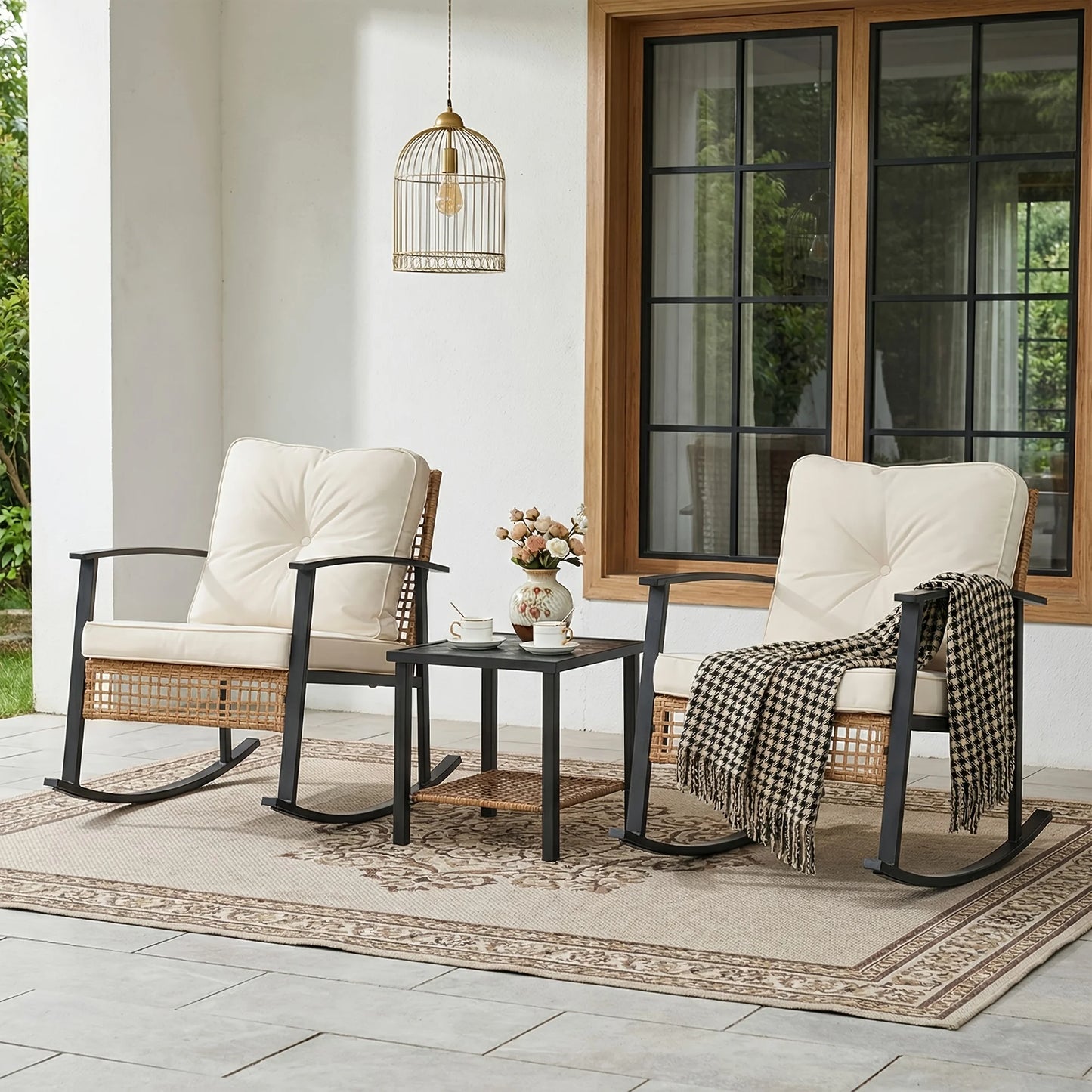 3pcs Rattan Rocking Chair Set Outdoor Patio Wicker Glider Courtyard Seating for Garden Porch Balcony Relaxation Furniture