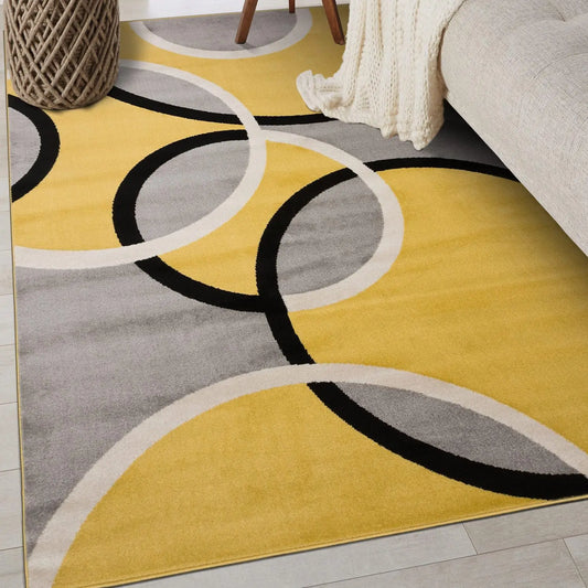 Modern Abstract Circles Area Rug with Jute Backing, Yellow Grey Design for Living Room Bedroom Kitchen Entryway, 3'3" x 5'