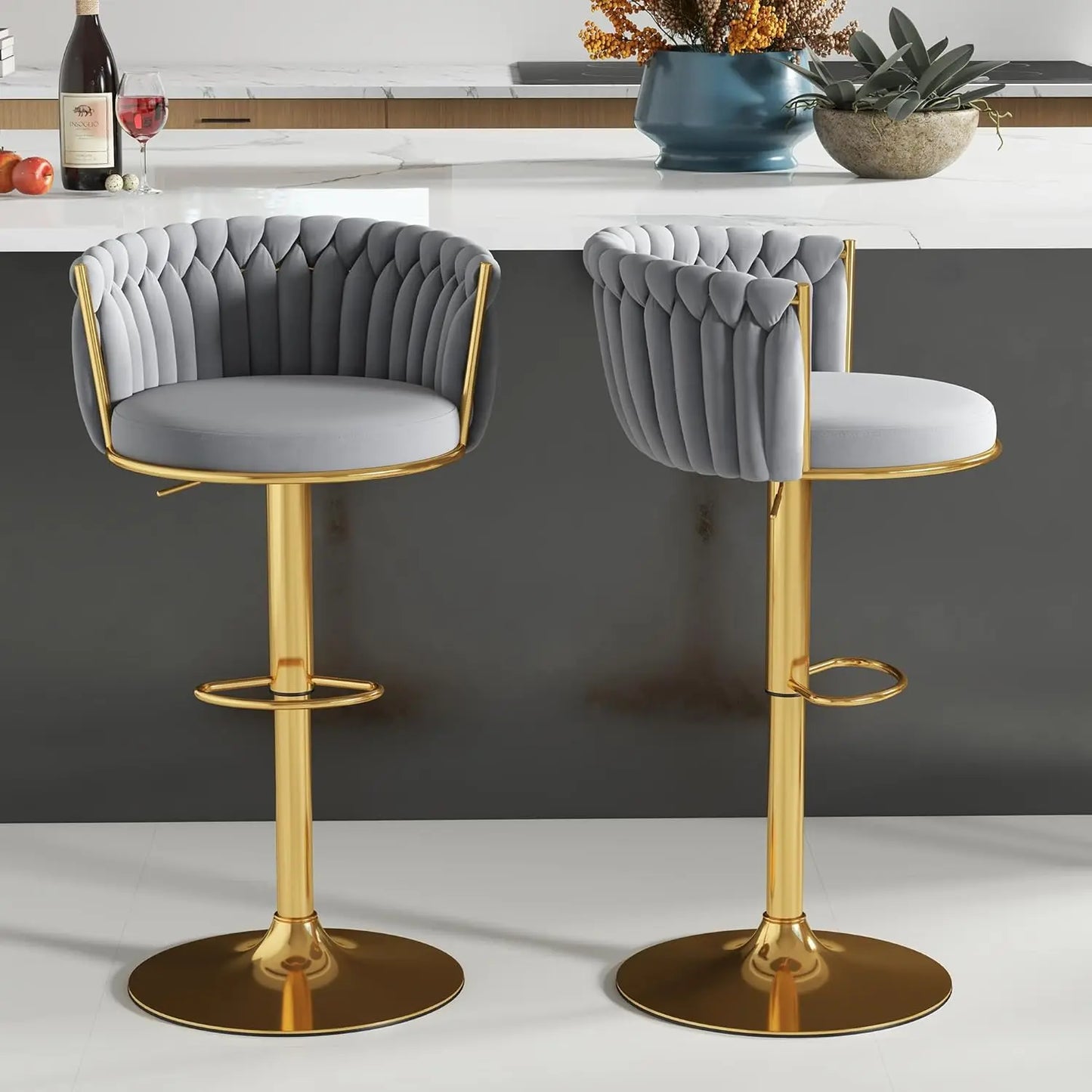 Gold Bar Stools Set of 2, Velvet Hand-Woven Barstools, Seat Height 27″ Counter Stools with Upholstered Backrest, Modern Luxuriou
