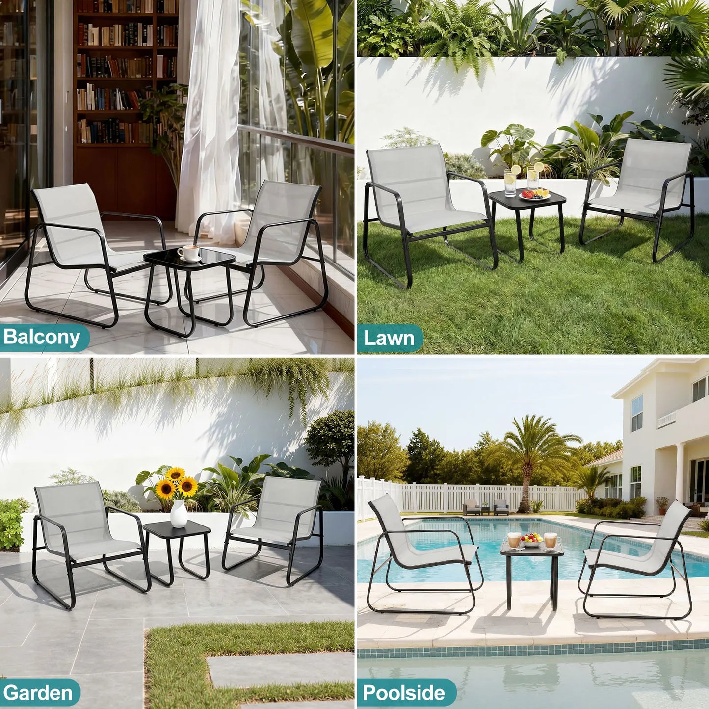 JHK Patio Furniture 3 Pieces Set with Table Outdoor Metal Frame Lumbar Support Mesh Backrest Sectional Balcony Sets for Garden