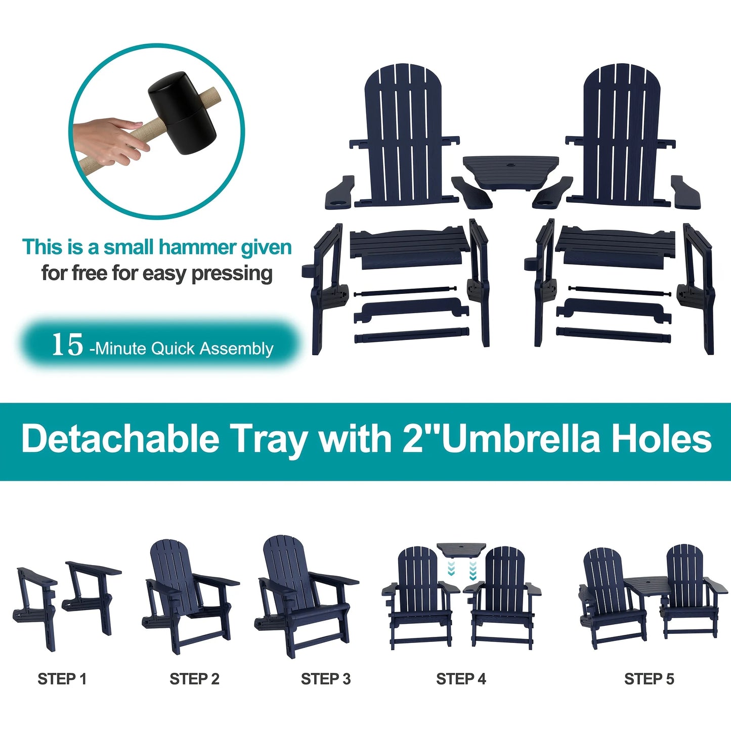 Outdoor Chair Set of 2 All-Weather Patio Furniture Table and Footrest Wood  Holder for Patio Poolside Garden