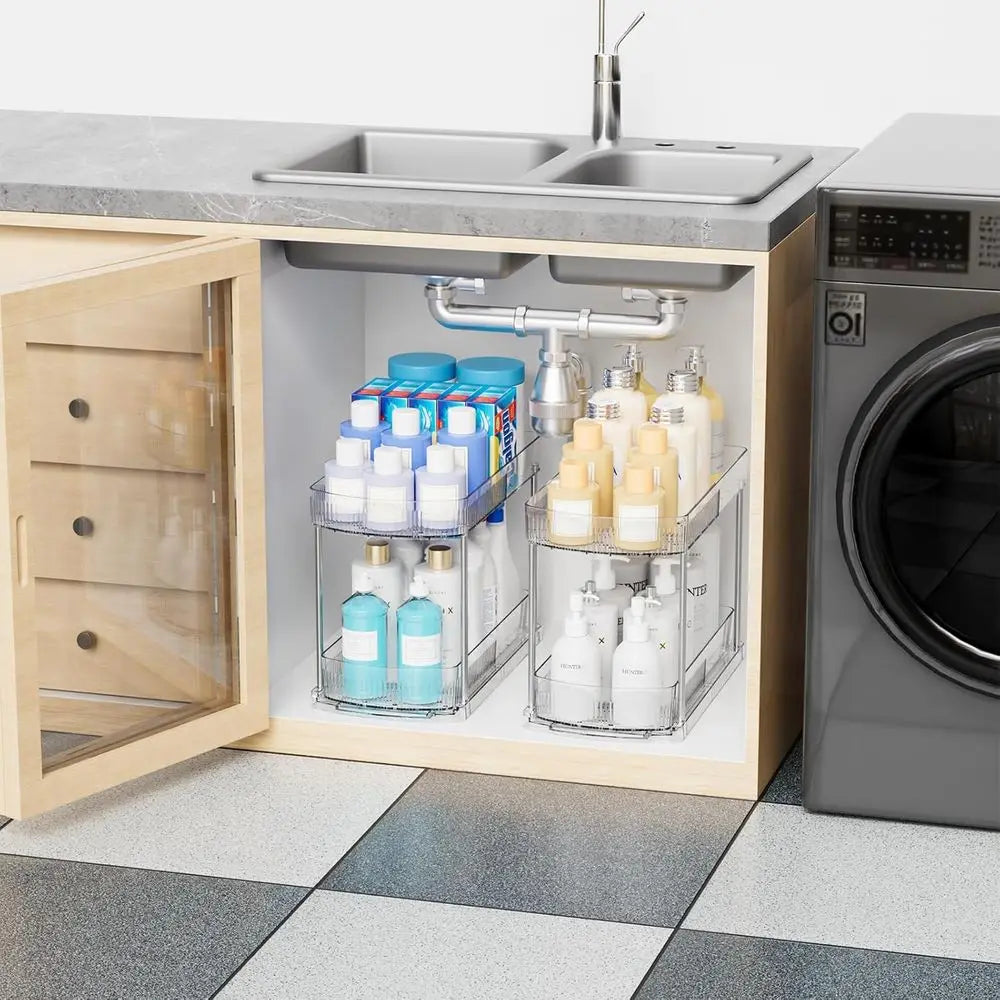 2 Pack Large Pull Out Bathroom Organizers and Storage, 2 Tier 12.8 Tall Sliding Kitchen Under Sink Organizer, Clear Acrylic Bath