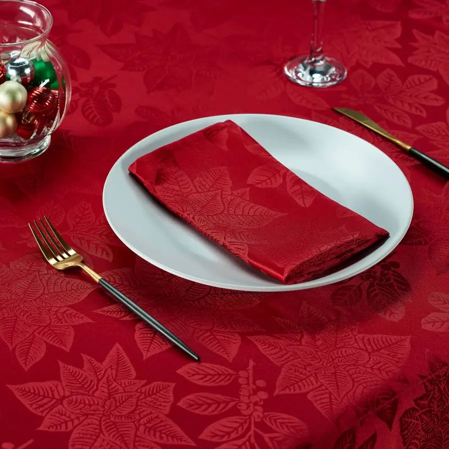 Christmas Tablecloth, Poinsettia Leaf Red Tablecloth 70 x 120 Inch for 8 Foot Rectangle Tables, Heavy Duty Fabric, Table Cloth f