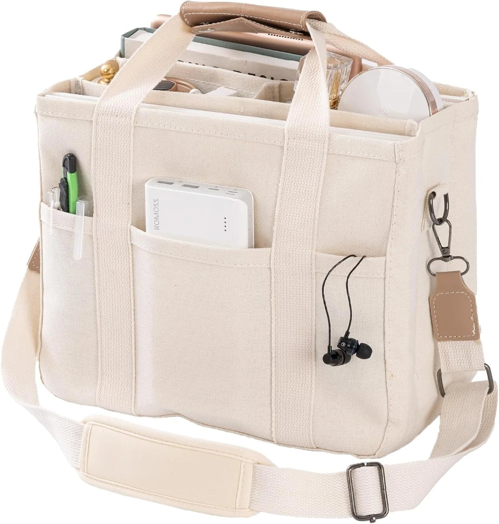 Women’s Canvas Tote Bag with Multiple Pockets, Large Capacity Shoulder Messenger Bag, Durable & Versatile for Daily - White