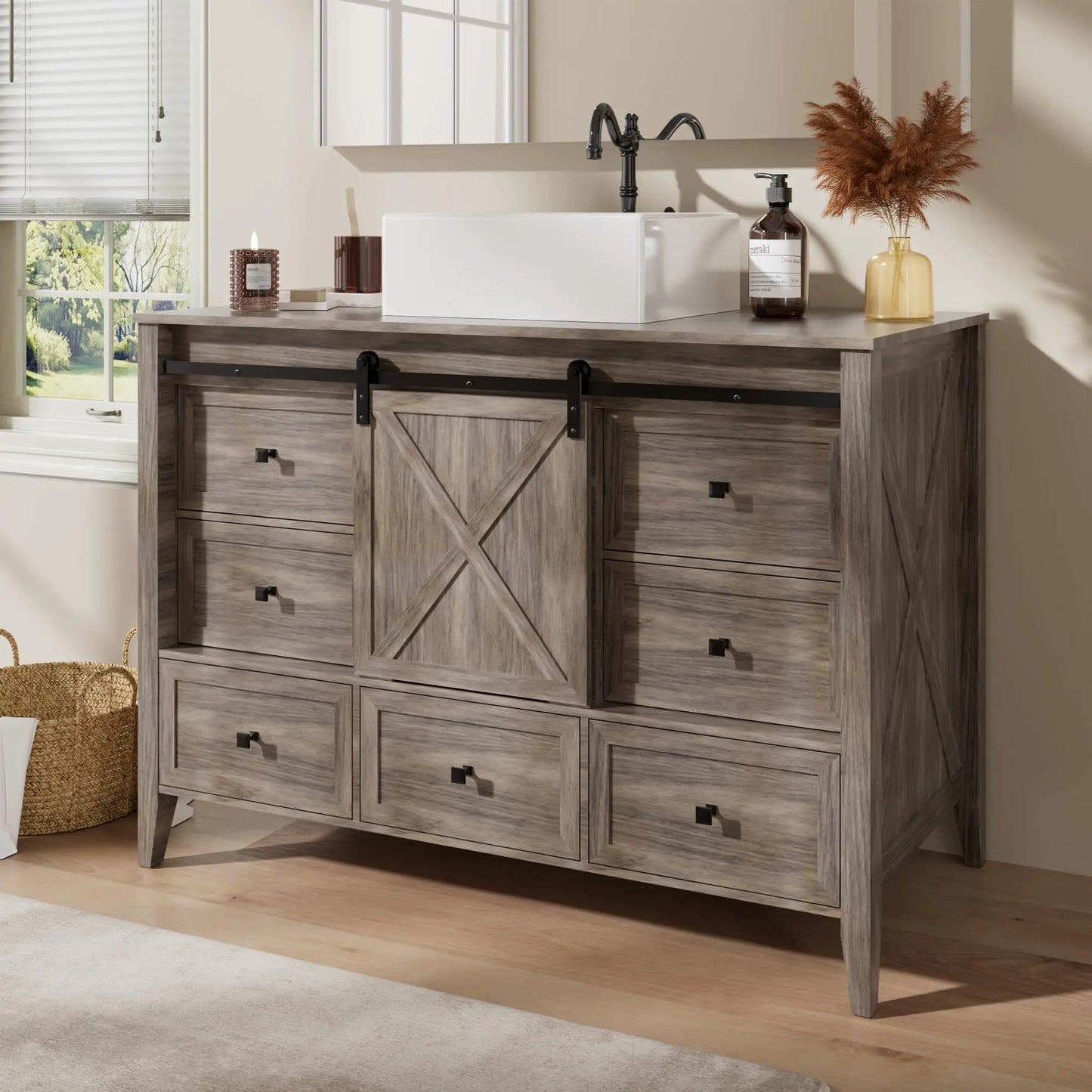 48 Inch Bathroom Vanity with Sink Ceramic, Freestanding Cabinet with Farmhouse Sliding Barn Door, Space-Saving Storage Cabinet