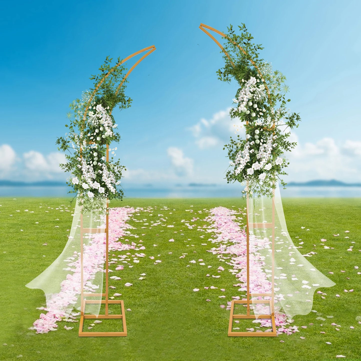 2.1m 2PCS White/Gold Wedding Arched Bracket Curved Backdrop Stand for Ceremony Party Wedding