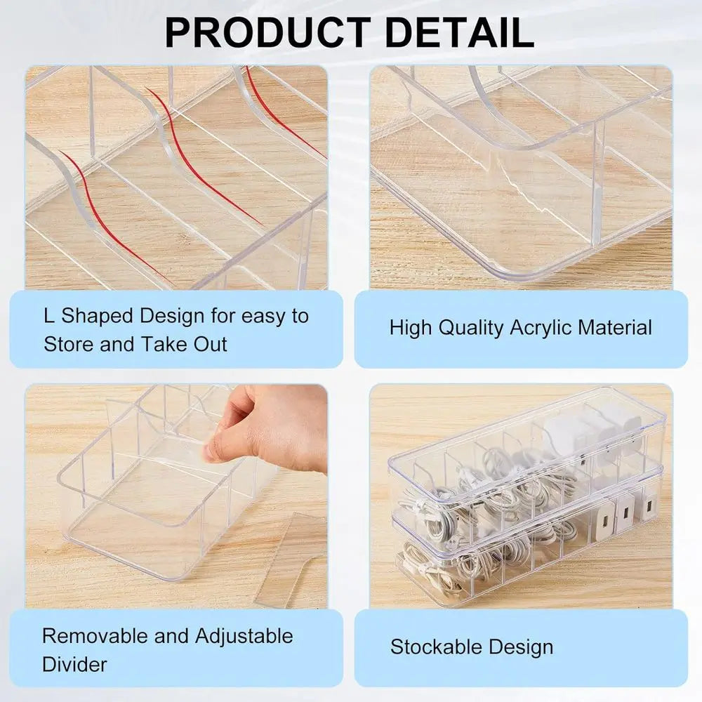 4 Pcs Cable Organizer Box with Wire Ties, Plastic Cord Storage Box with Lid, Clear Organizers for Home Office Desk and Accessori