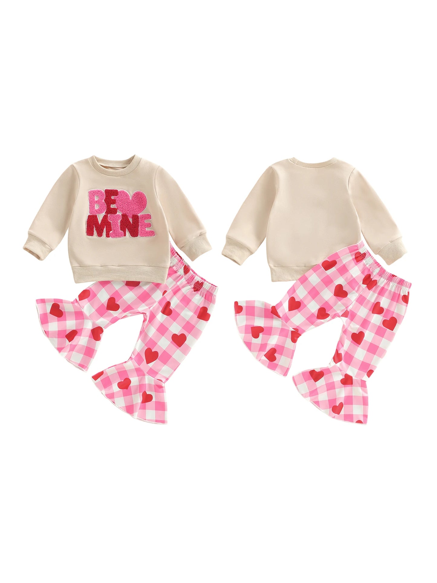 Cute Toddler Girl Valentine s Day Clothes Heart Embroidery Top Plaid Bell Bottoms 2 Piece Set for a Stylish Look