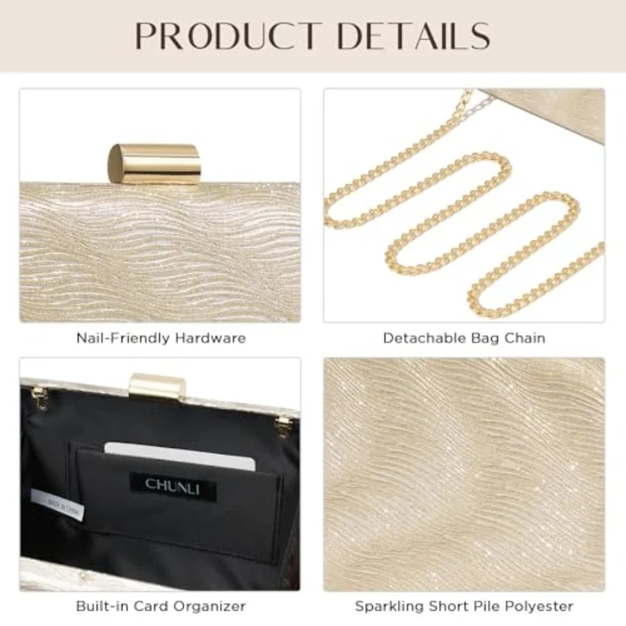 CHUNLI Clutch Purses for Women Sparkly Evening Bag with Detachable Chain for Weddings Proms Formal and Parties