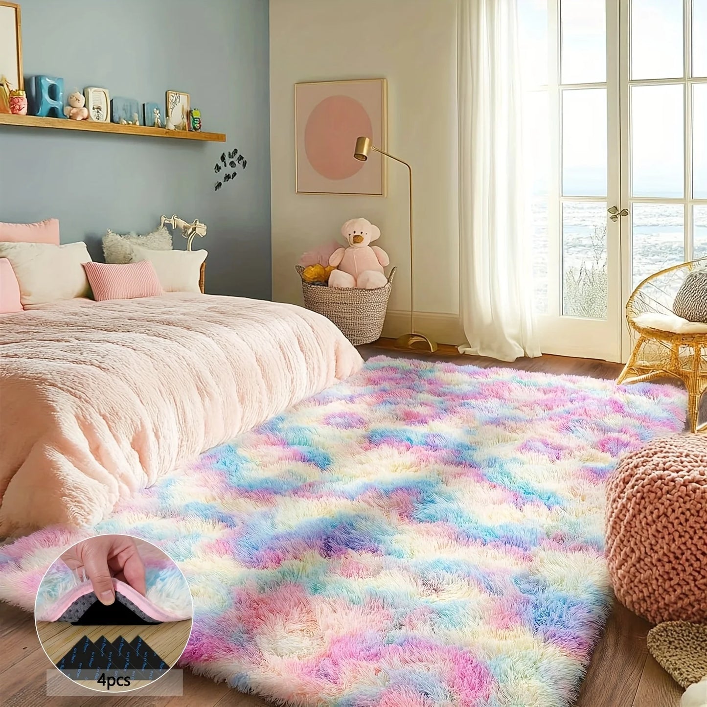 Room Decor Rug,Shaggy Non-Slip Tie-Dye Rainbow Rugs for Living Room/Bedroom/Nursery – Luxury Plush Carpet with 4 Rug Stickers