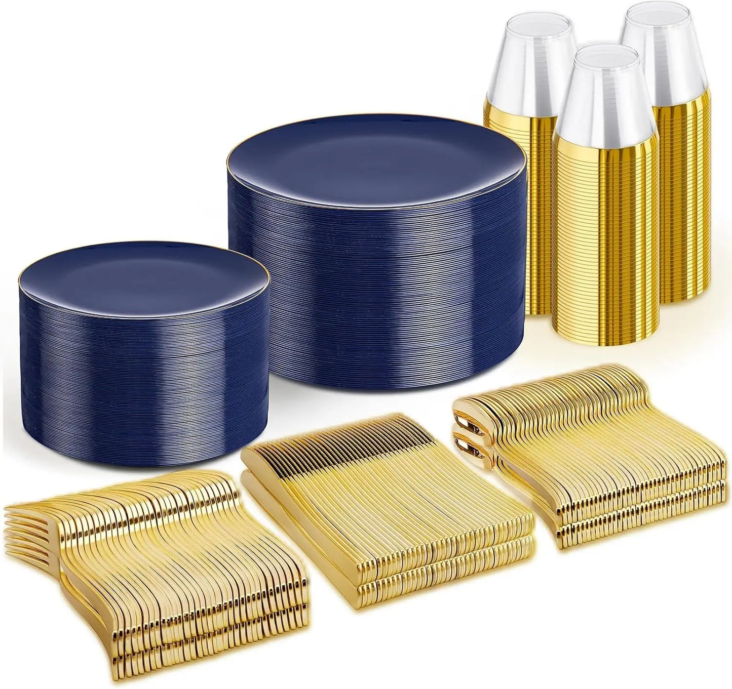 Navy Blue Disposable Plates Set for 50 Guests - Heavy Duty Plastic Dinnerware with Gold Rim for Party/Wedding/Birthday