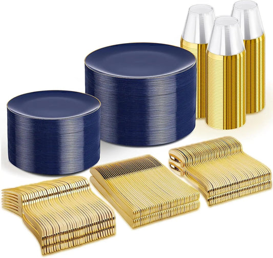 Navy Blue Disposable Plates Set for 50 Guests - Heavy Duty Plastic Dinnerware with Gold Rim for Party/Wedding/Birthday