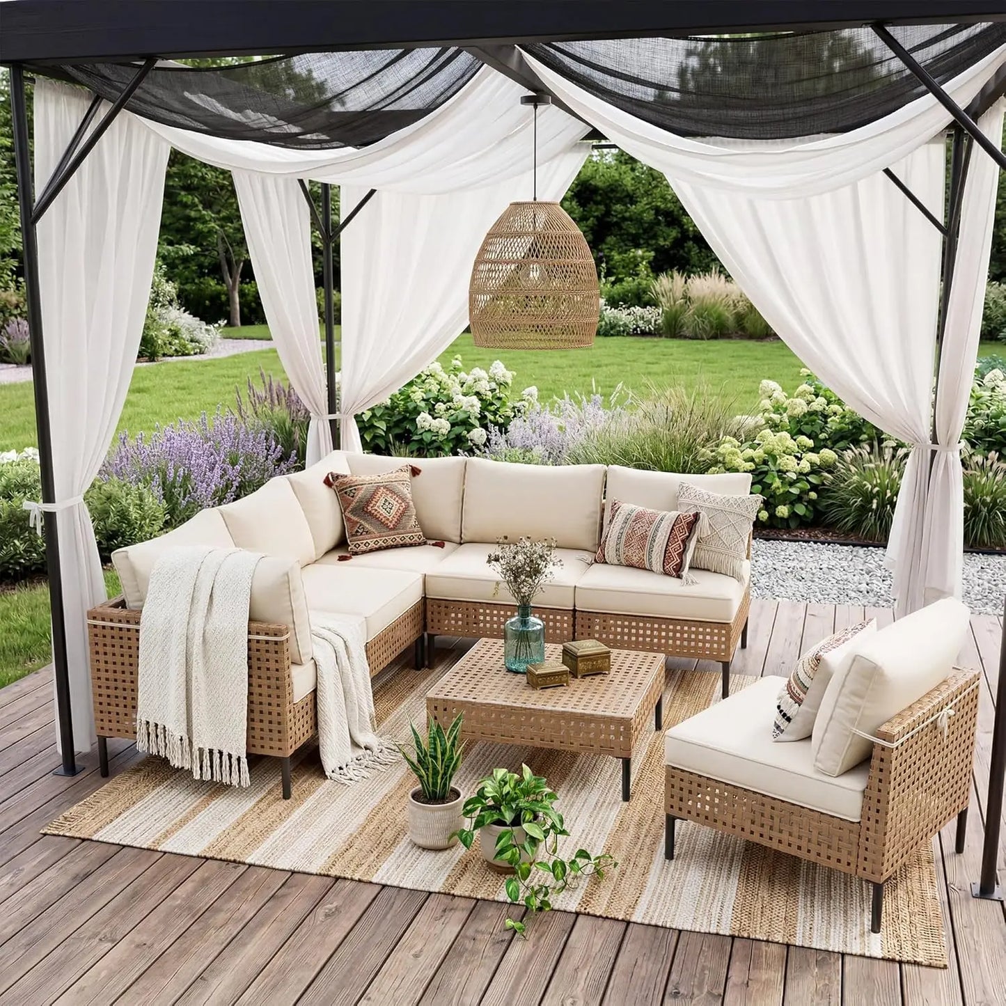 Wicker Patio Furniture Set, 7-Piece Modular Outdoor Furniture Set, High-Leg Design Sectional Patio Sofa with Glass, Customized