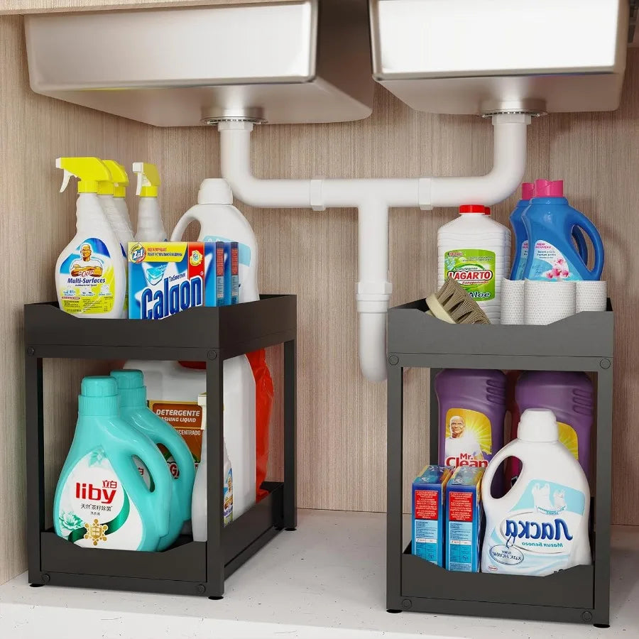 2-Tier Bathroom Organizers and Storage Metal Under Sink Organizers Pull Out Cabinet Organizer Shelf Sliding Drawer for Kitchen