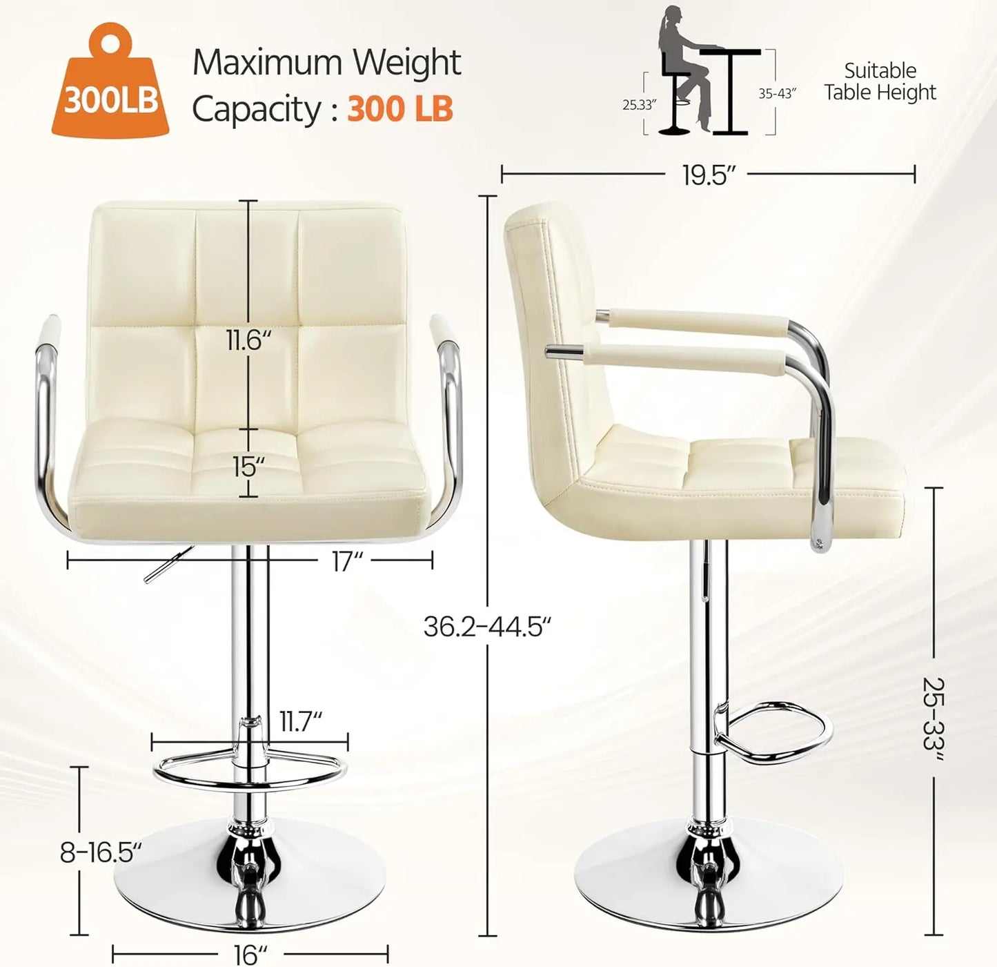 Bar Stools Set of 2, PU Leather Adjustable Swivel Barstools, Hydraulic Kitchen Counter Height Bar Chairs with Armrest and Bac