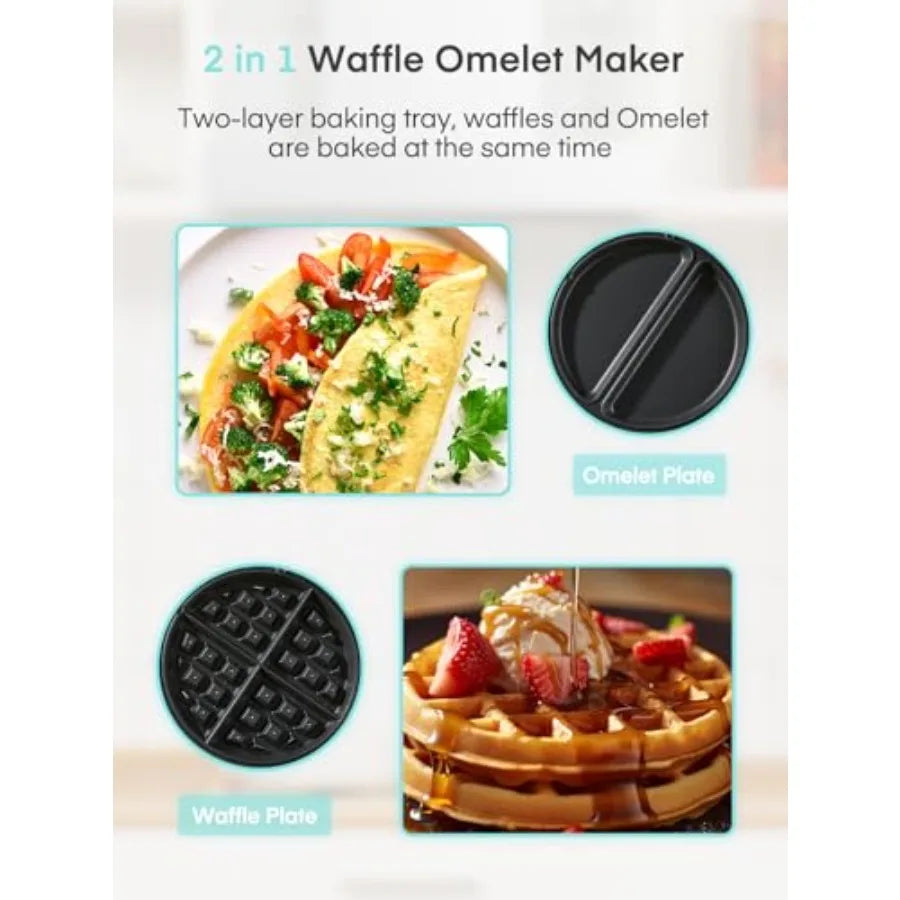 2-in-1 Omelette MakerWaffle Maker 1400W Mint Green Nonstick Pans Adjustable Browning Control 180 Flip Home Kitchen Appliance fo