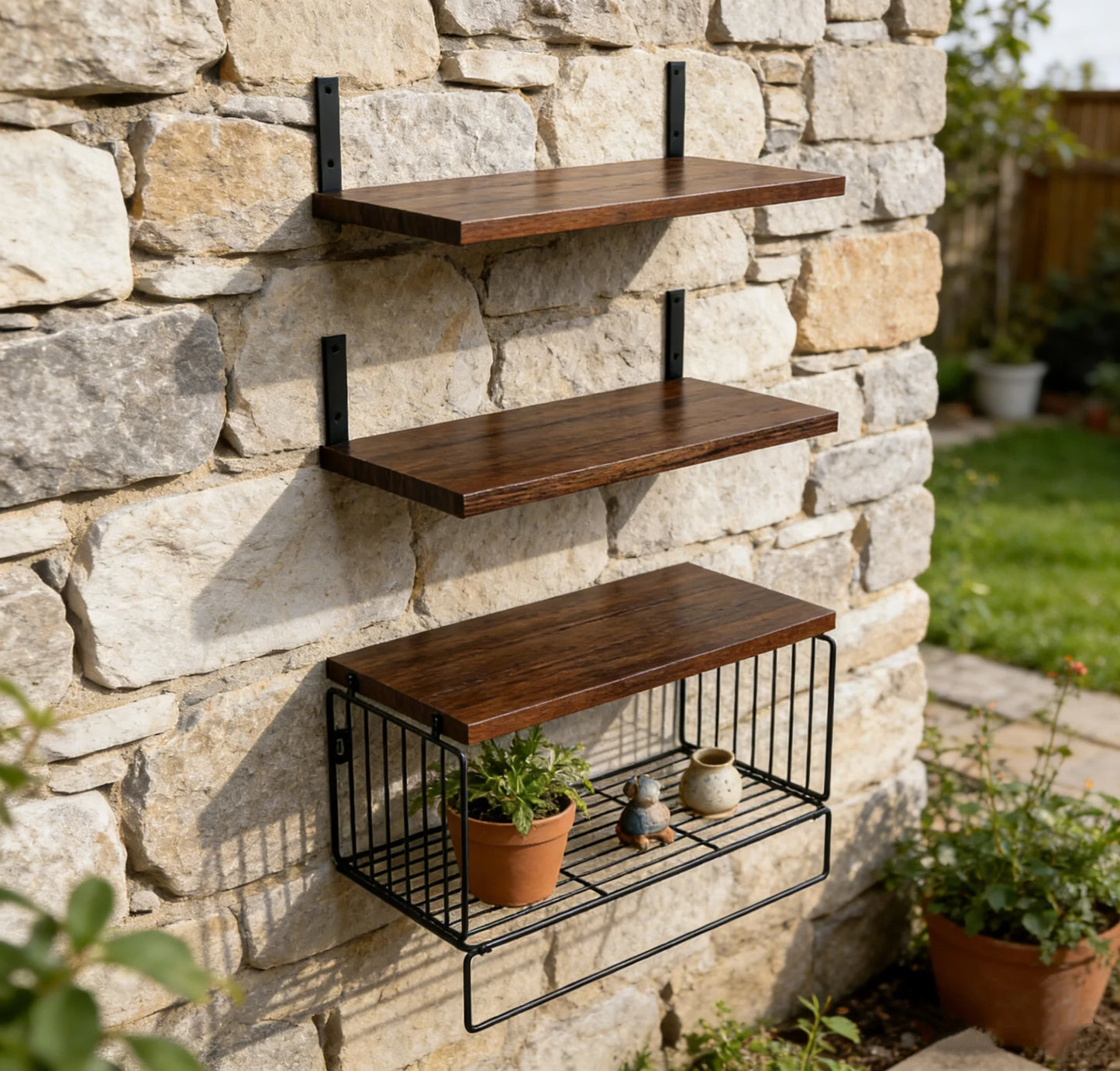 Wall Mounted 3+1 Tier Floating Shelves 16" Width Bathroom Floating Shelf Rustic Wood Shelf Over Toilet with Wire Storage Basket