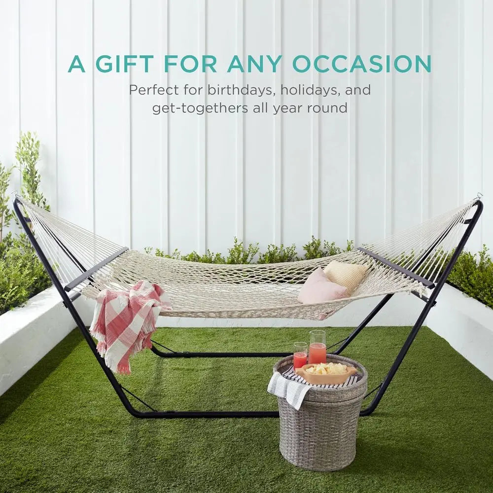 2-Person Double Hammock, Outdoor Woven Cotton Rope Hammocks or Backyard, Patio w/Spreader Bars, Carrying Case, 450lb Weight acit