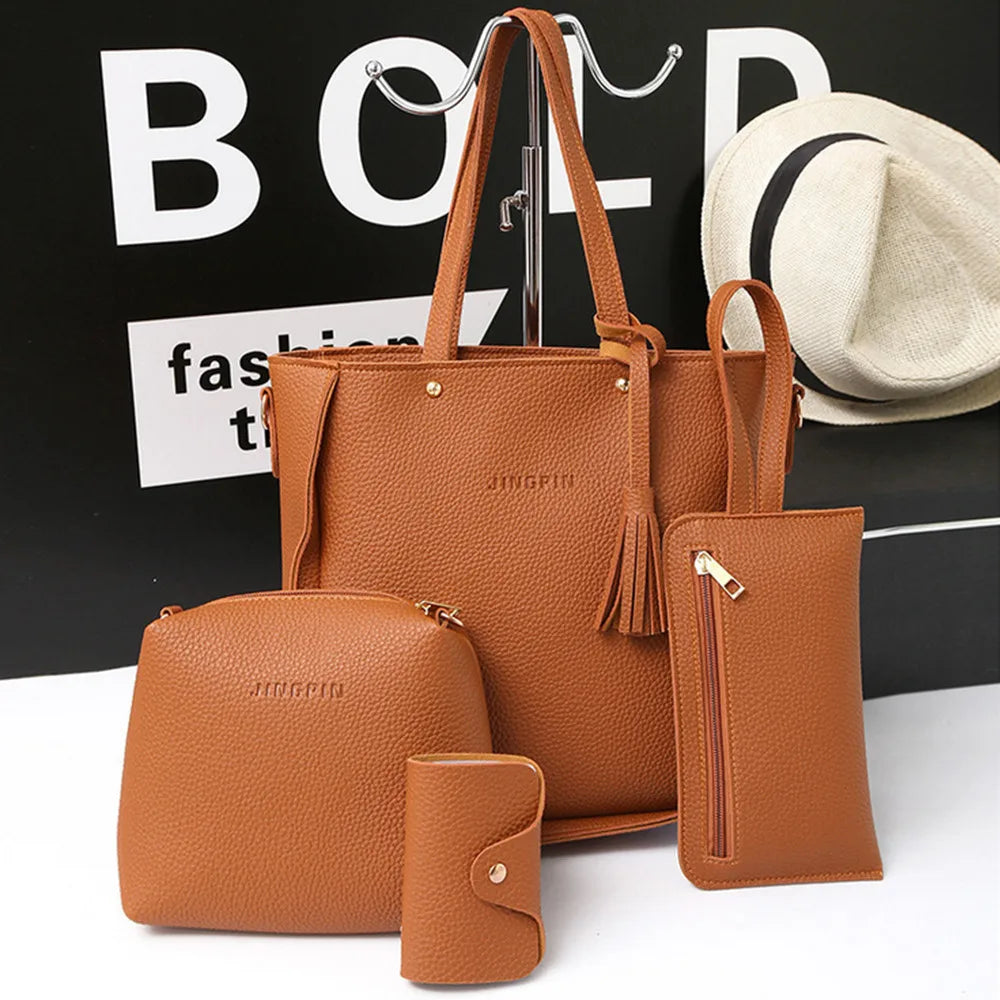 New 2024 New Large Capacity Lychee Pattern Handbags Women'S European And American Retro Fashion Tassel Four-Piece Women'S Bag