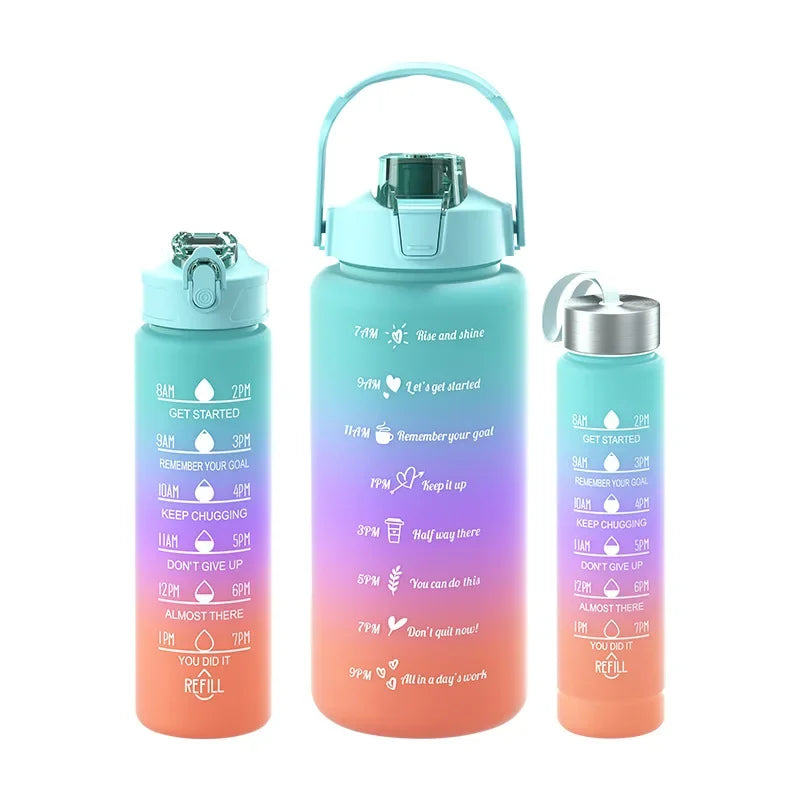 3-Piece Set Large Capacity Gradient Water Bottle,Water Bottle with Straw 2 Litre Leakproof with Time Marker,for Sports Fitness