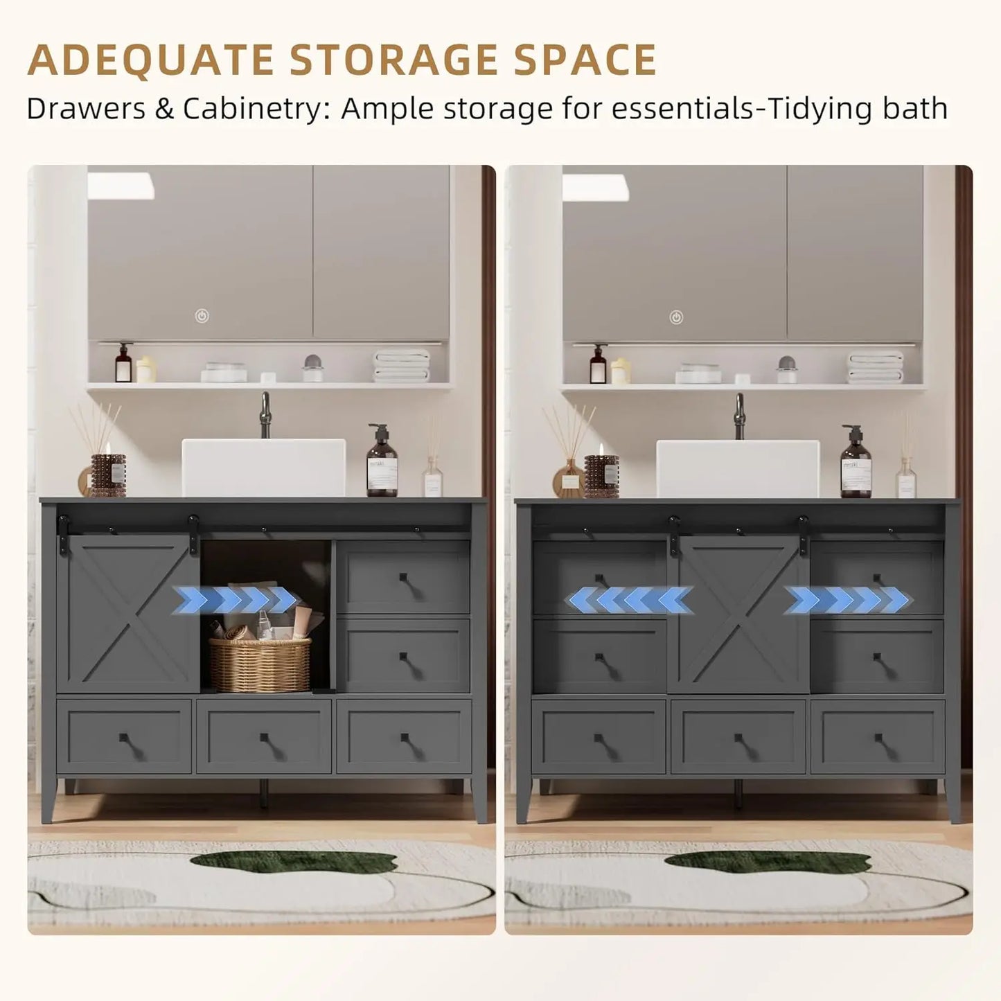 48 Inch Bathroom Vanity with Sink Ceramic, Freestanding Cabinet with Farmhouse Sliding Barn Door, Space-Saving Storage Cabinet