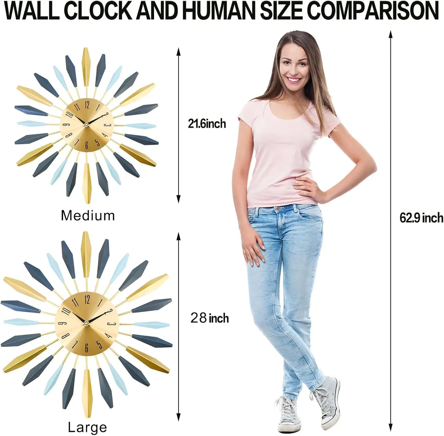 Large Wall Clock Metal Decorative, Mid Century Silent Non-Ticking Big Clocks, Modern Home Decorations for Living Room,Bedroom,Di
