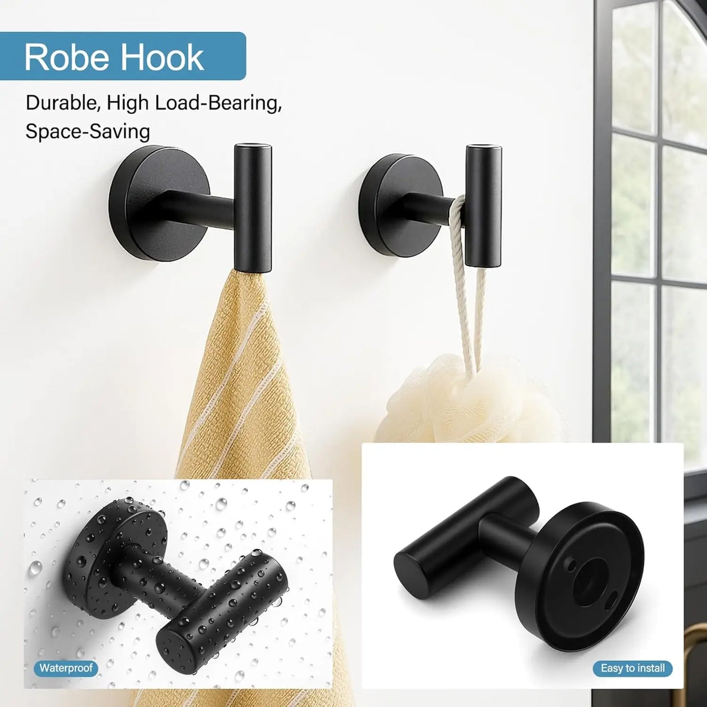 Matte Black 24in Bathroom Hardware Set, Stainless Steel Towel Bar with Ring and Hooks, Wall Mounted Toilet Paper Holder for