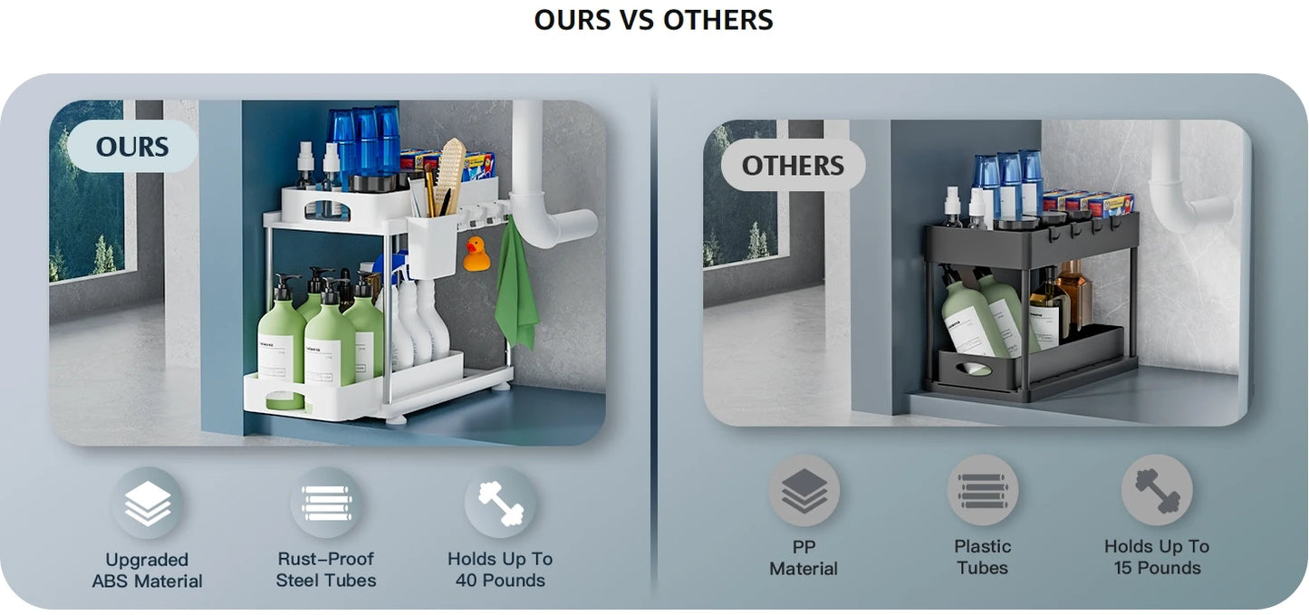 2 Pack Under Sink Organizers and Storage, 2 Tier Height Adjustable Countertop Organizer for Kitchen Bathroom Laundry