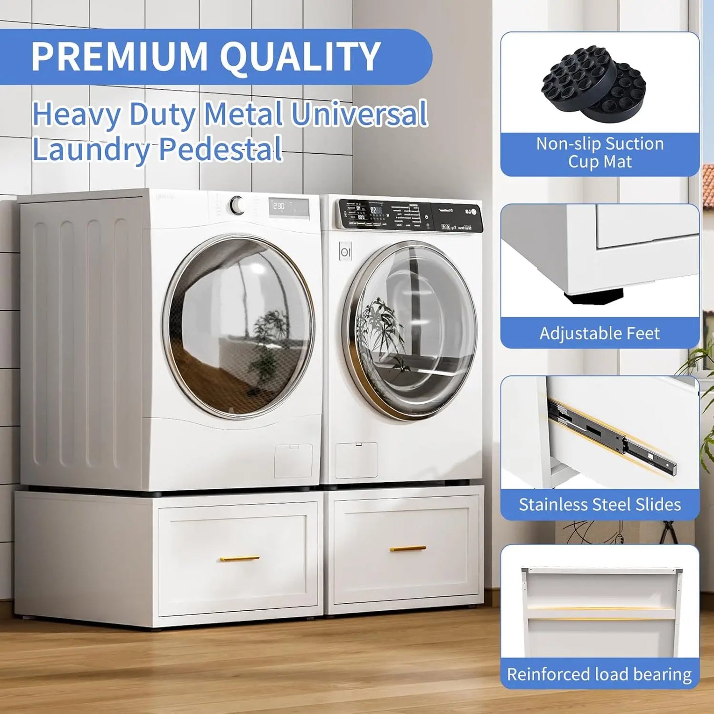 2 Pack Universal Laundry Pedestal 28" W 16" H with Drawer Heavy Duty Steel Washer Dryer Stand 440LBS Capacity