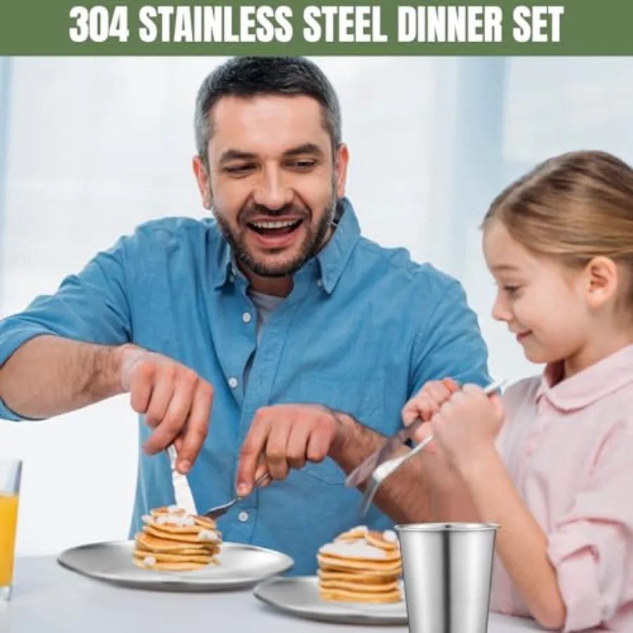 42 Pcs 304 Stainless Steel Dinnerware Set 10 Inch 7 Inch Plates Bowls Cups Forks Spoons Knives Reusable Metal Camping Outdoor P
