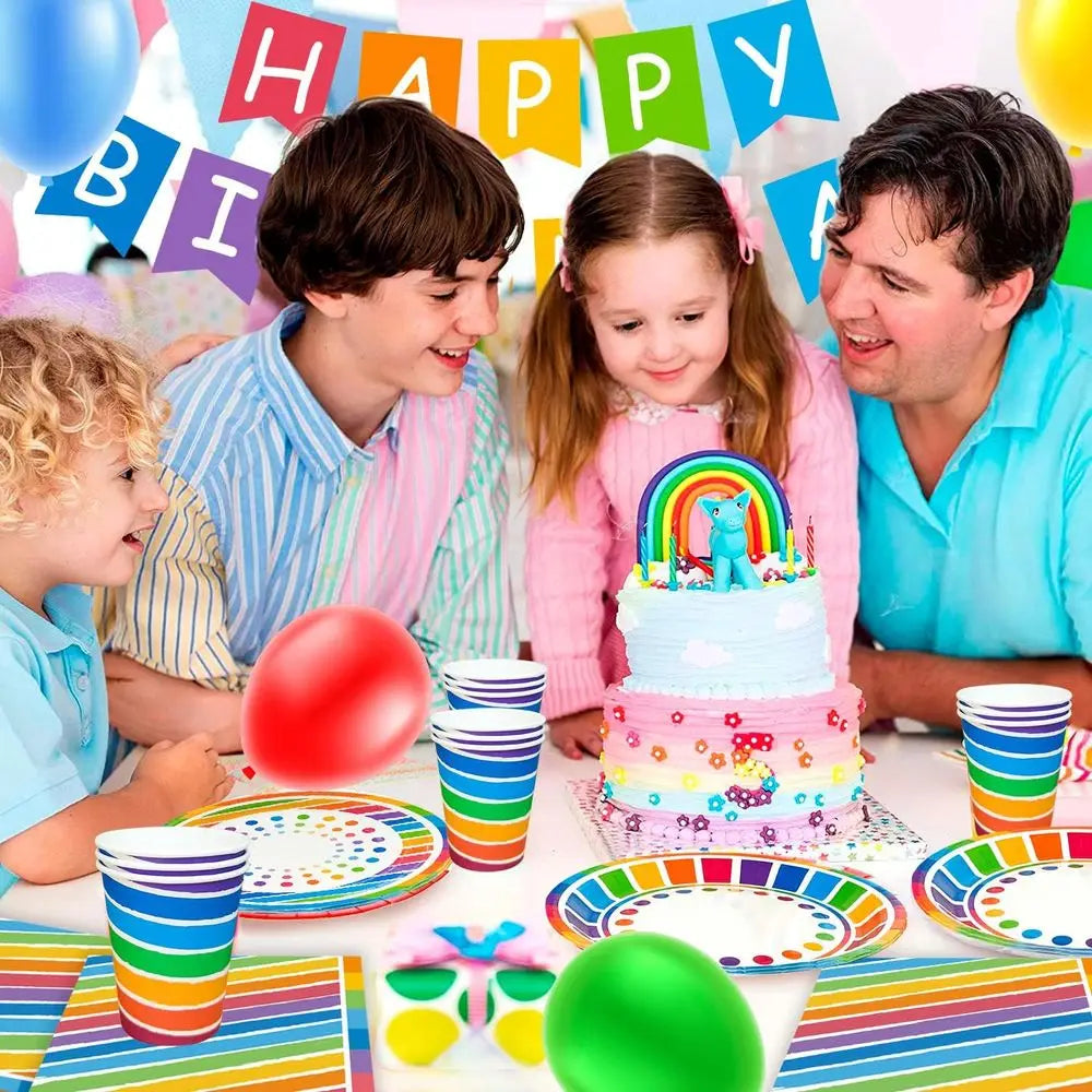 166pcs Rainbow Birthday Party Decorations 20 Guests Colorful Party Tableware Set, Rainbow Party Plates Napkins Cups Balloons Ban