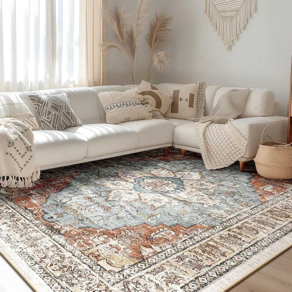 8x10 Ft. Washable Boho Area Rug, Non-Slip Vintage Distressed Carpet for Living Room, Dining, and Bedroom, Green Brick with Rust