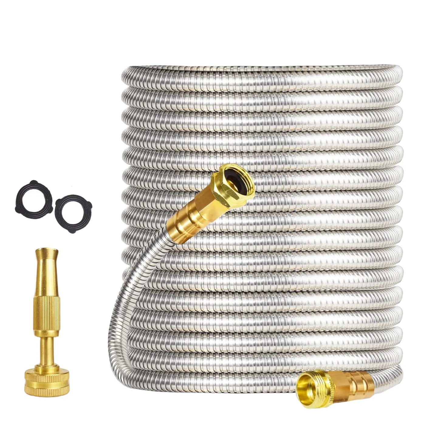 Heavy Duty Stainless Steel Garden Hose – Flexible Metal Water Hose – Kink Proof & Anti-Kink – Adjustable Brass Nozzle, Perfect for Lawn, Car Wash, Outdoor Irrigation, 25FT,50FT,75FT,100FT