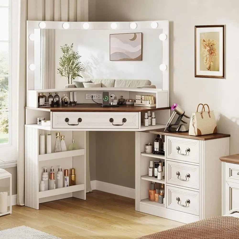 43 White Makeup Vanity Desk with 3-Way Mirror, Lights, Charging Station, and Storage