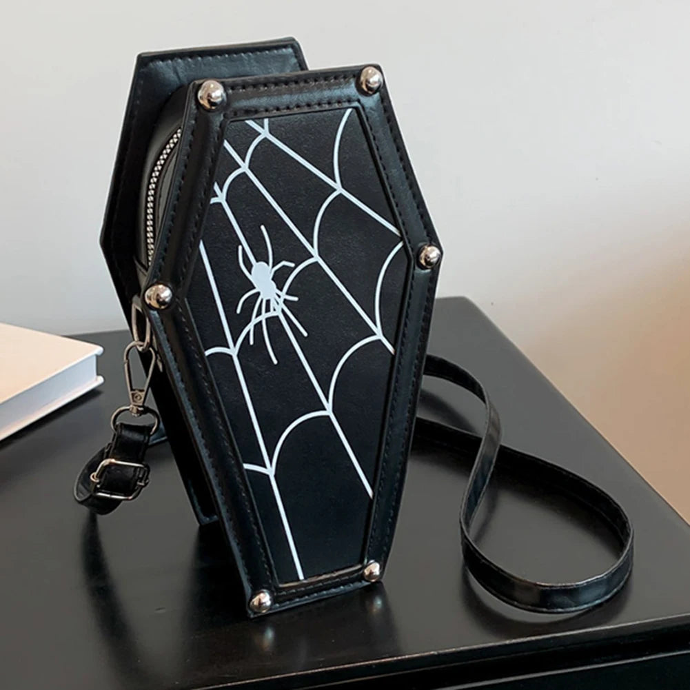 Women Coffin Satchel Purse Strap Adjustable Gothic Coin Purse PU Leather Spider Coffin Bag Y2K Cellphone Bag Halloween Candy Bag