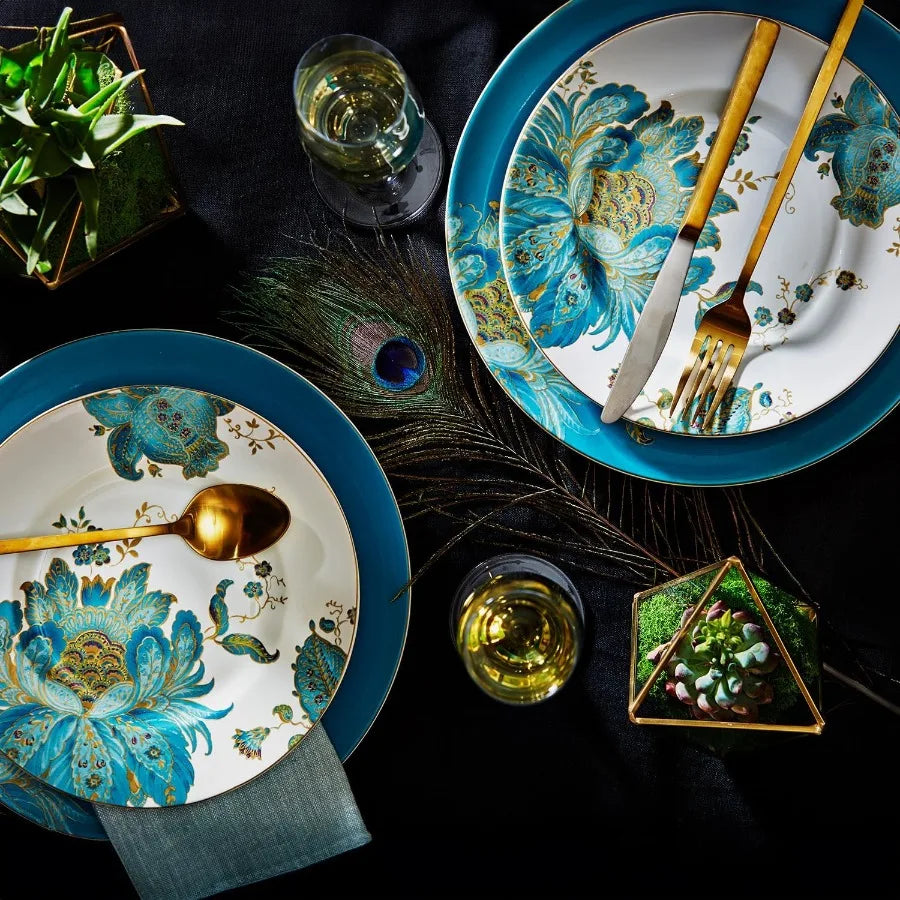 16Piece Porcelain Dinnerware Set for 4 Elegant Floral Plates and Bowls SetsWhite Teal Gold Ceramic Dishes Chip Resistant Kitche