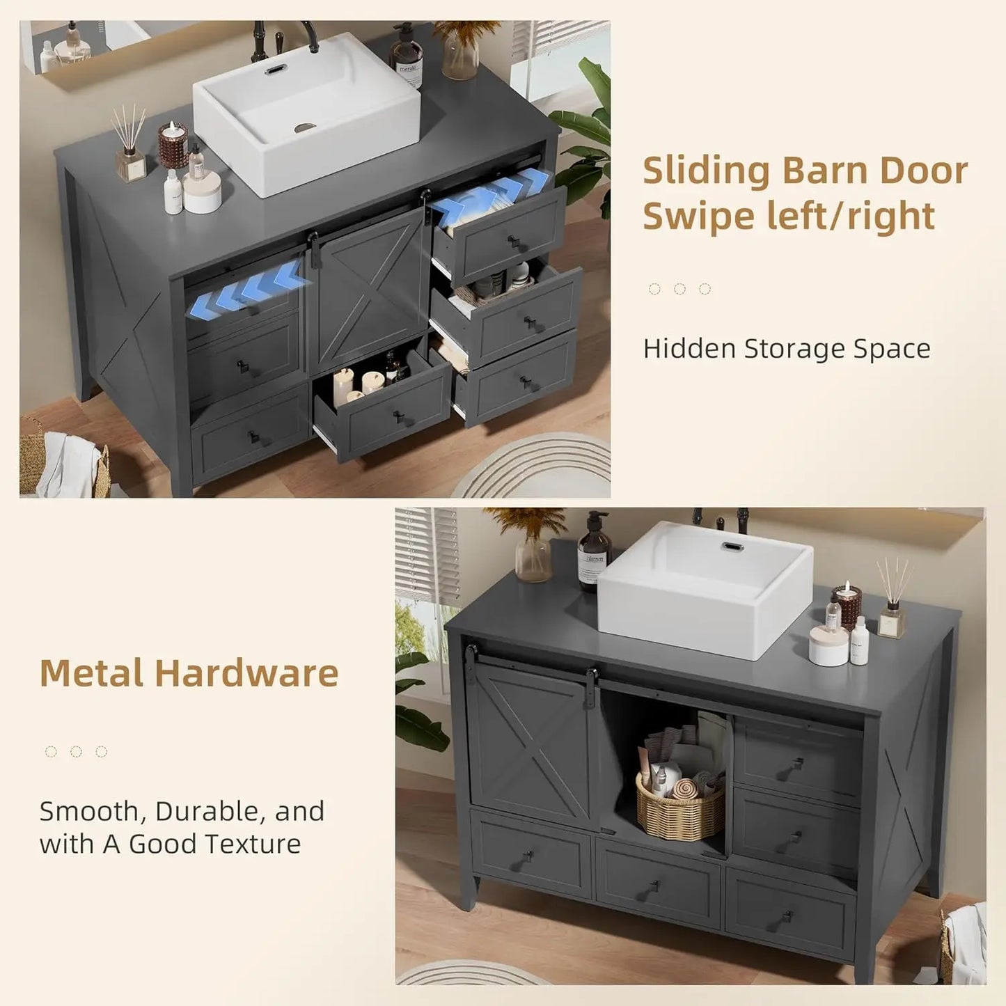 48 Inch Bathroom Vanity with Sink Ceramic, Freestanding Cabinet with Farmhouse Sliding Barn Door, Space-Saving Storage Cabinet