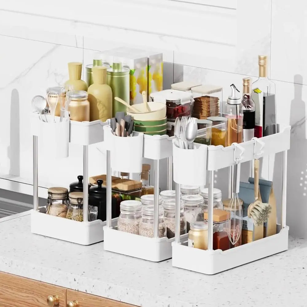 3 Pack Under Sink Organizers, 2 Tier Bathroom Cabinet Organizer with Hanging Cups, Kitchen & Bathroom Storage (White)