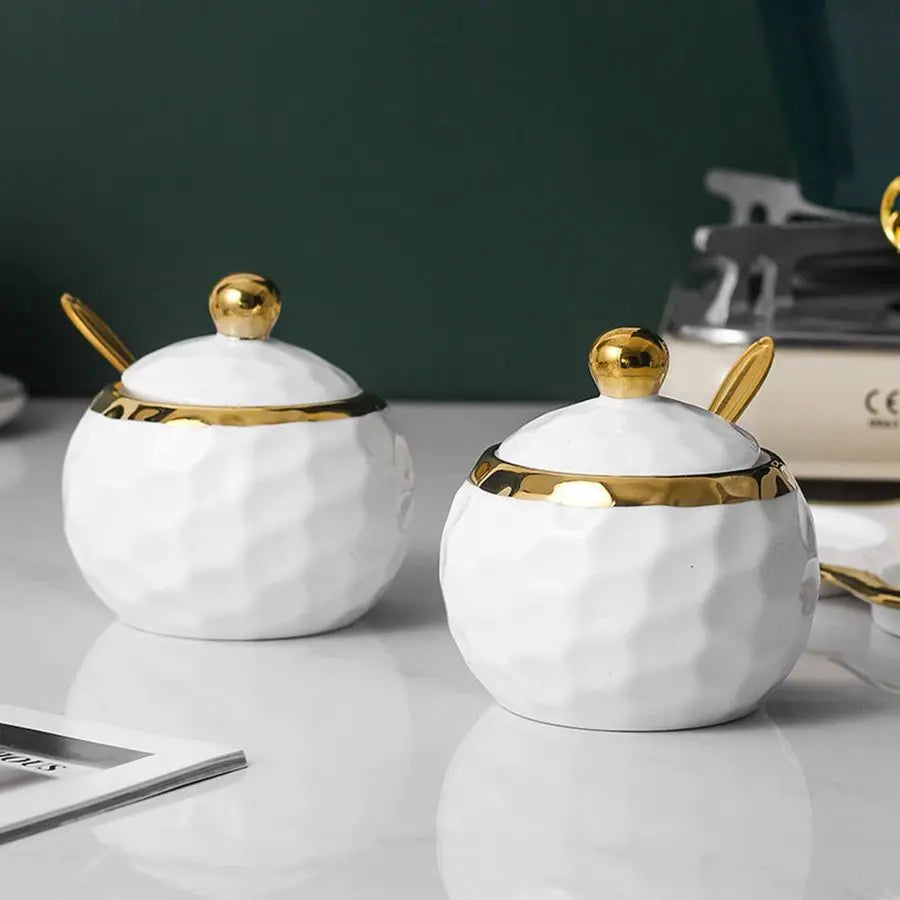 Porcelain Sugar Bowl Condiment Pot Salt Container with Lid, Spoon and Tray, Set of 3, Modern Spice Box Seasoning Jar, White and