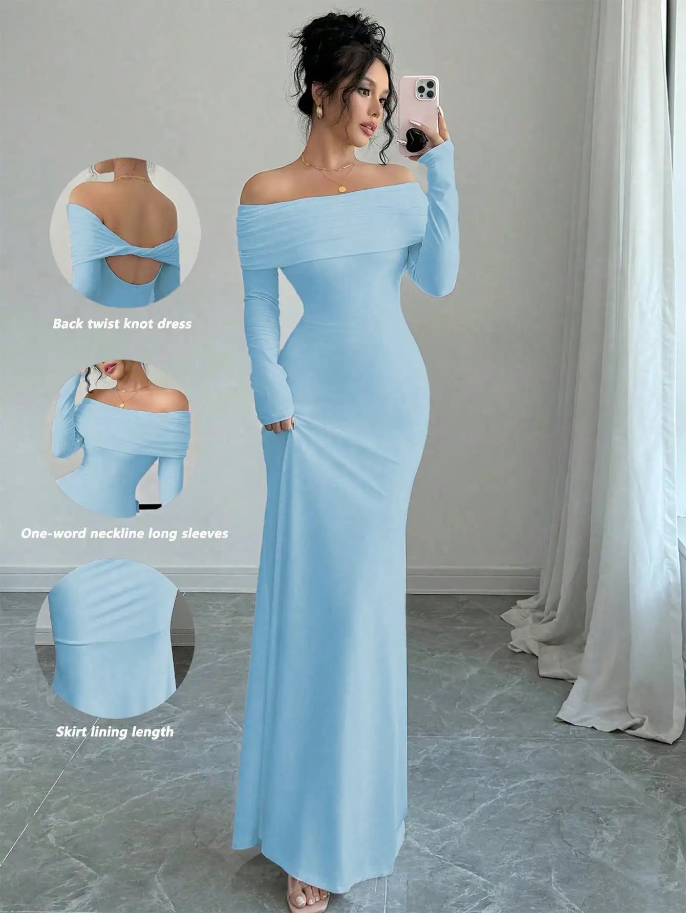 White Off-Shoulder Long Sleeve Maxi Dress with Back Twist Knot, Fitted Silhouette for Evening Events
