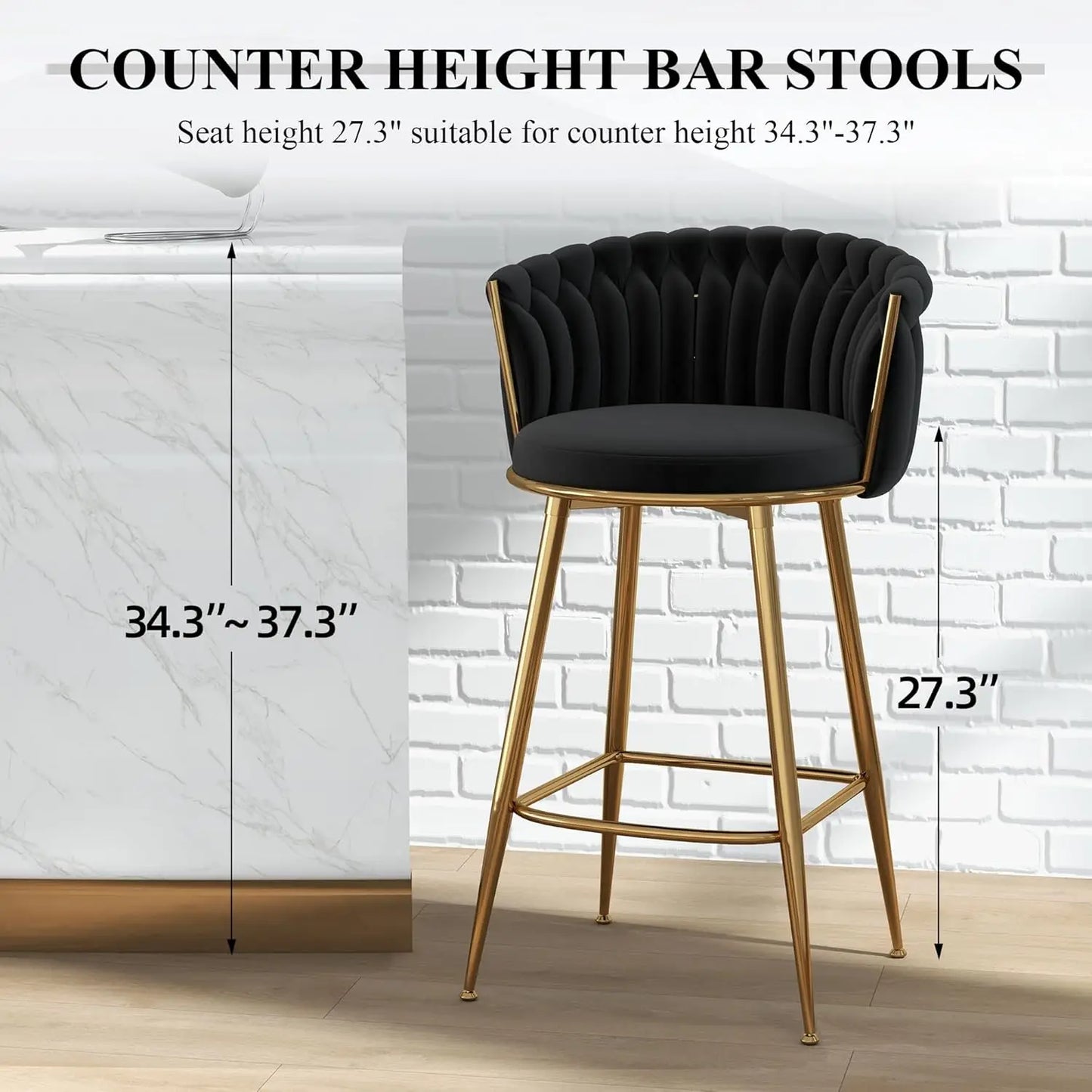 Gold Bar Stools Set of 2, Velvet Hand-Woven Barstools, Seat Height 27″ Counter Stools with Upholstered Backrest, Modern Luxuriou