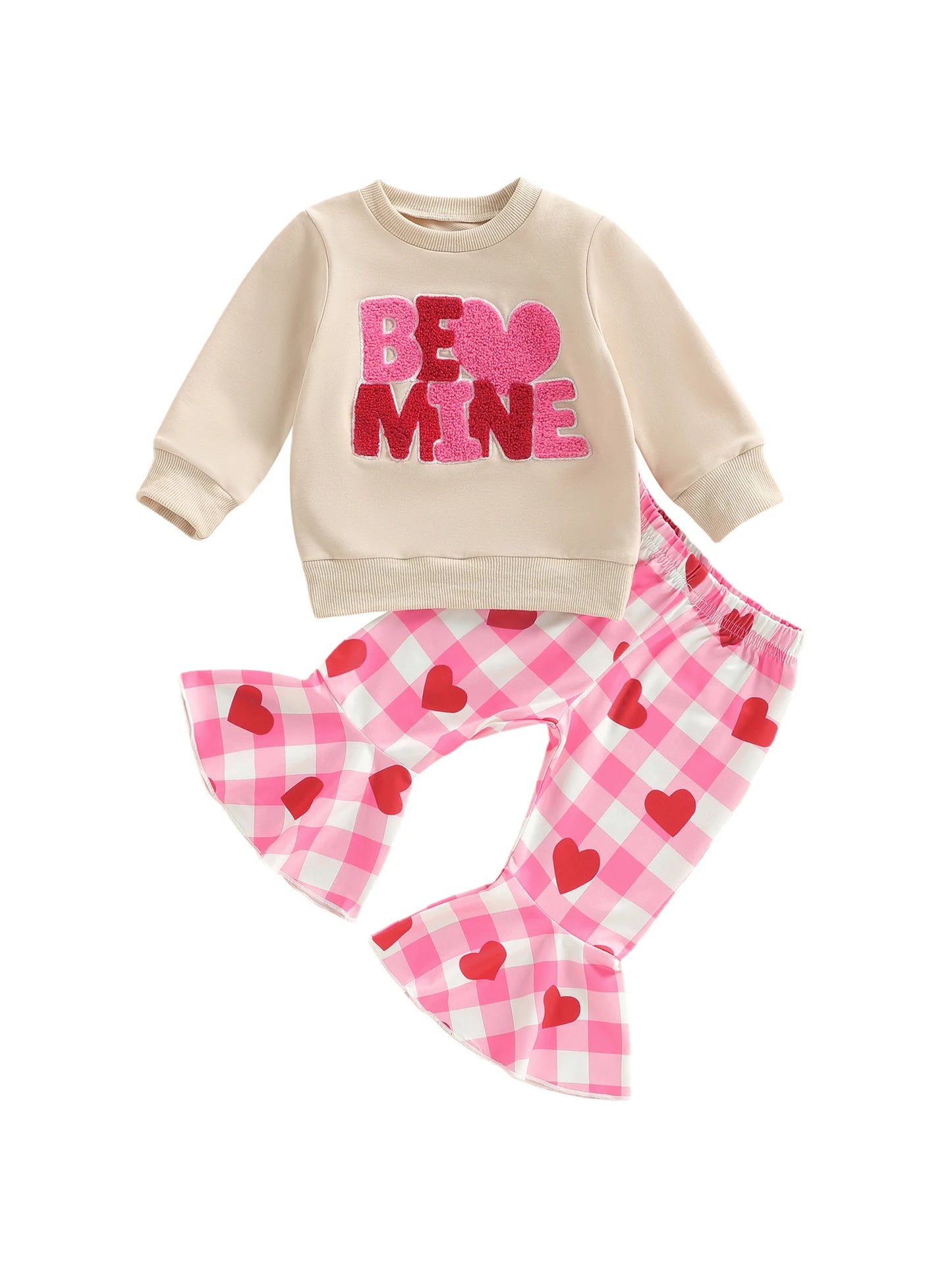 Cute Toddler Girl Valentine s Day Clothes Heart Embroidery Top Plaid Bell Bottoms 2 Piece Set for a Stylish Look
