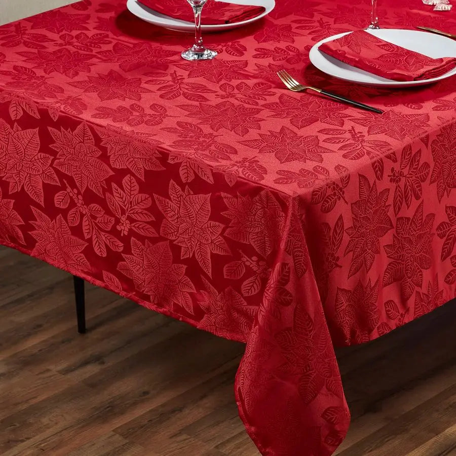 Christmas Tablecloth, Poinsettia Leaf Red Tablecloth 70 x 120 Inch for 8 Foot Rectangle Tables, Heavy Duty Fabric, Table Cloth f